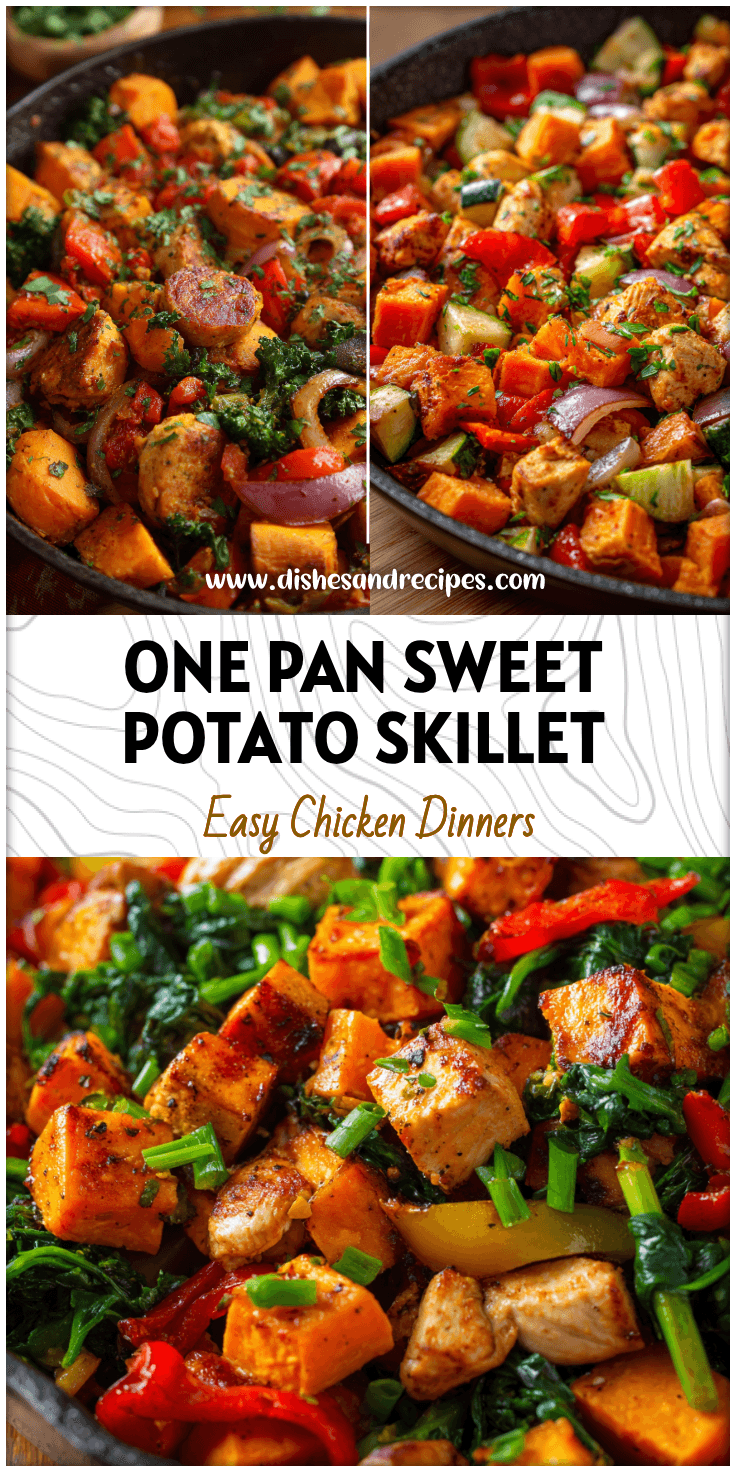 One pan sweet potato chicken skillet with vibrant veggies for a Lite Healthy Dinner and Whole 30 Hearty Meal.